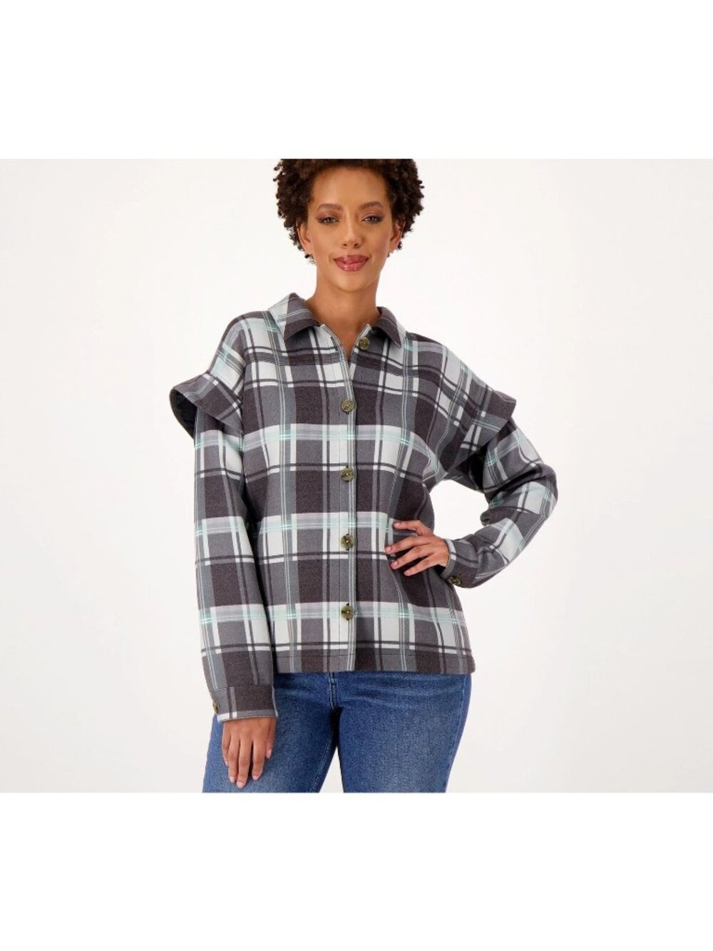 Candace Cameron Bure Shirt Jacket Size 2X Ruffle Sleeve Black Plaid Preppy NEW